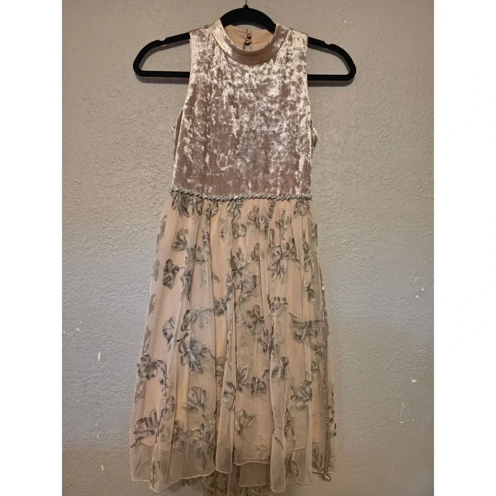 Speechless Girls Champagne Velvet & Floral Tulle High-Low Formal Dress Size 14